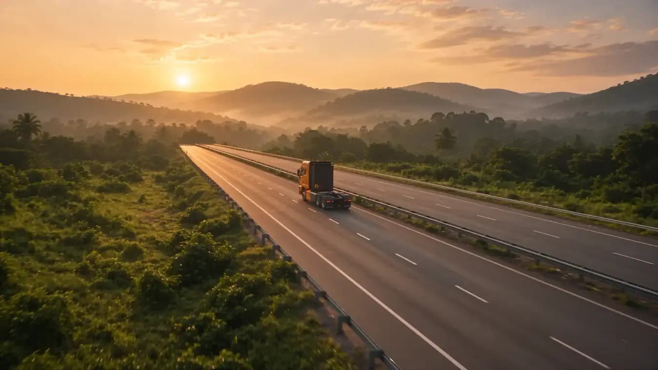 AMPSTAR electric truck on the highway at sunrise