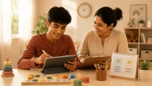 JADHU platform in use - parent and child with tablet (official jadhuhealth.com)