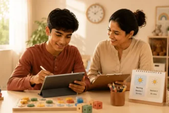 JADHU platform in use - parent and child with tablet (official jadhuhealth.com)