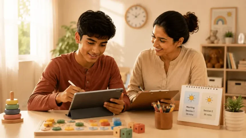 JADHU platform in use - parent and child with tablet (official jadhuhealth.com)