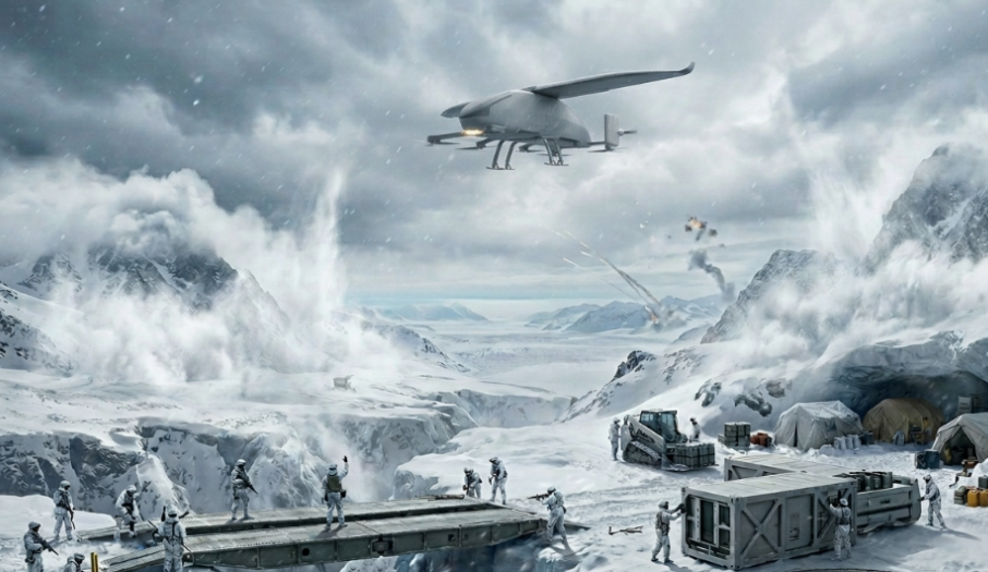 YETI flying over a high-altitude outpost
