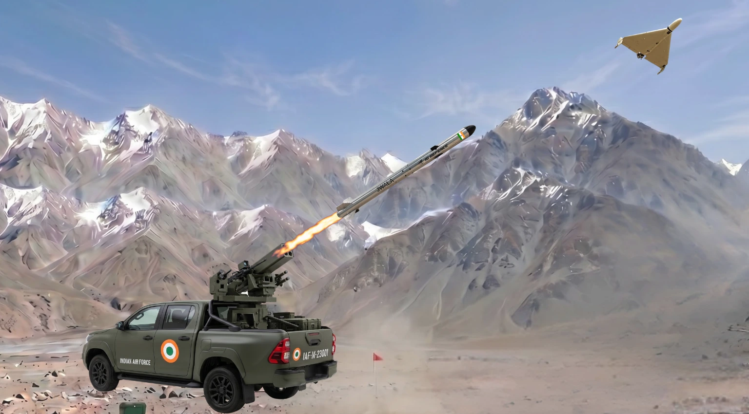 IG Defence JWALA-MK1 concept: missile launching from a truck-mounted launcher to engage a drone
