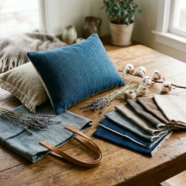 IndiWool Naturals — wool-denim cushion covers, tote bag and fabric swatches
