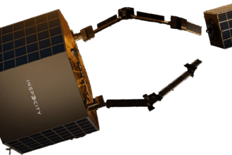 InspeCity VEDA in-space servicing vehicle approaching a satellite