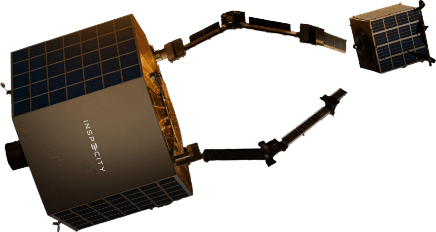 InspeCity VEDA in-space servicing vehicle approaching a satellite