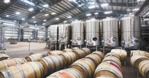 Winery production hall with stainless steel tanks and oak barrels, 1200x630 cover