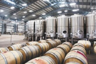 Winery production hall with stainless steel tanks and oak barrels, 1200x630 cover