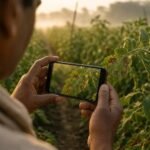 A farmer photographs a diseased crop leaf with a phone for Dhenu Vision diagnosis