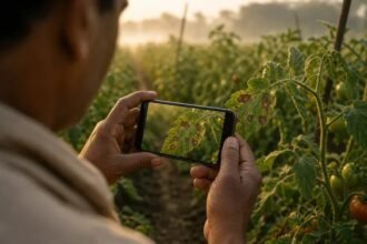A farmer photographs a diseased crop leaf with a phone for Dhenu Vision diagnosis