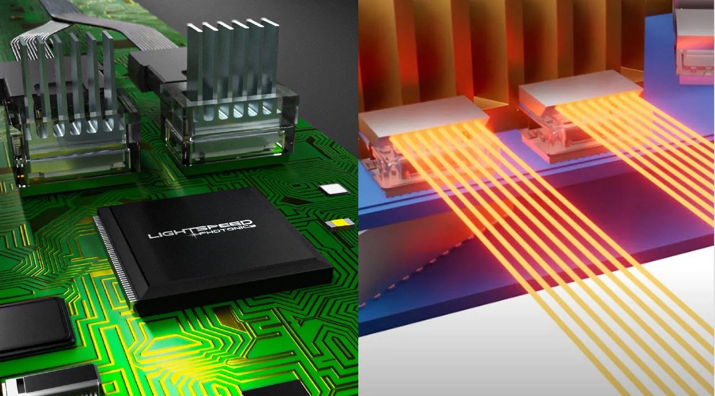 LightSpeed Photonics optical interconnect on a board, with light carrying data between chips