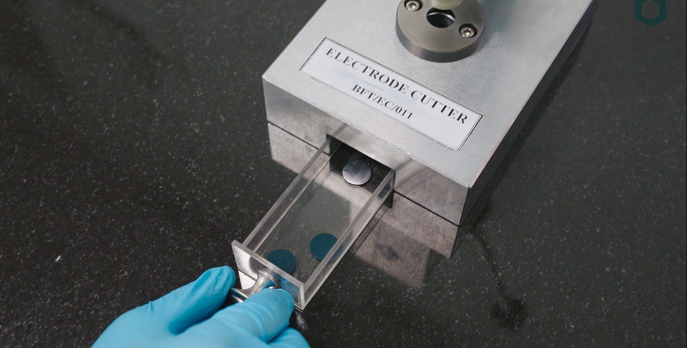 Macsen Energy electrode cutter producing Prussian White cathode discs for sodium-ion cells