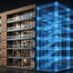 AI-generated BIM building visualisation: finished apartment building beside its blue wireframe structure