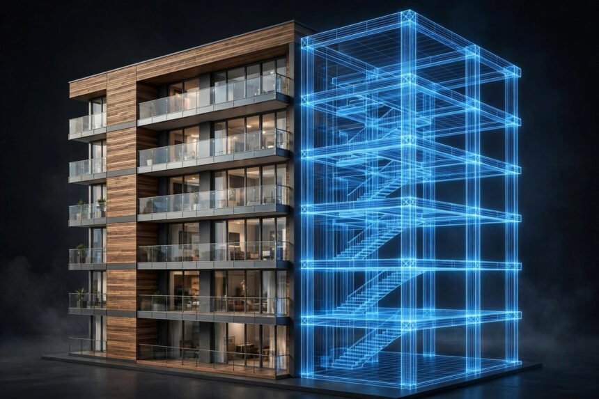 AI-generated BIM building visualisation: finished apartment building beside its blue wireframe structure