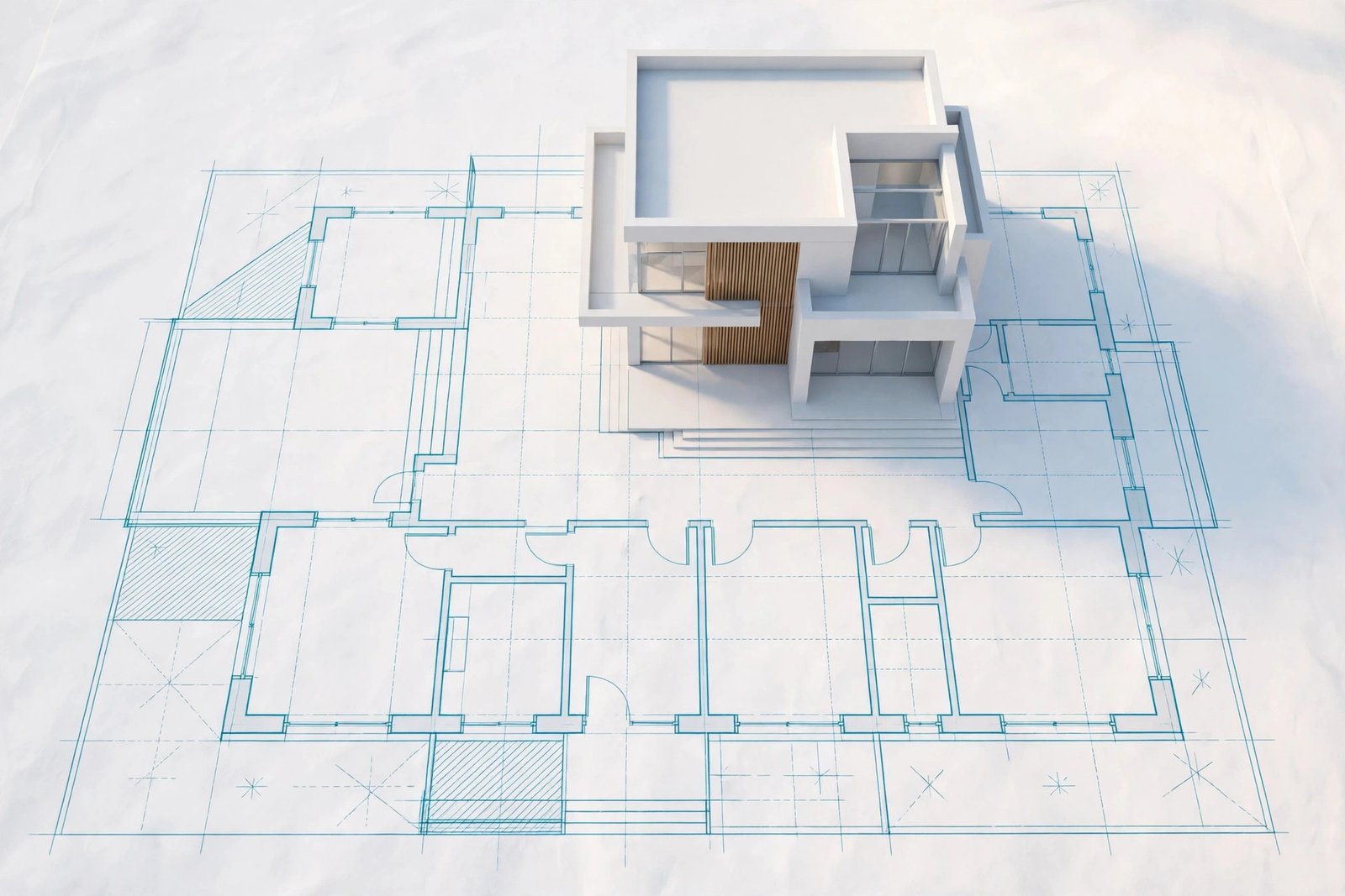A 3D house model rising from an architectural blueprint