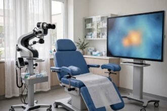 AI-generated illustration of an AI-assisted cervical cancer screening suite.
