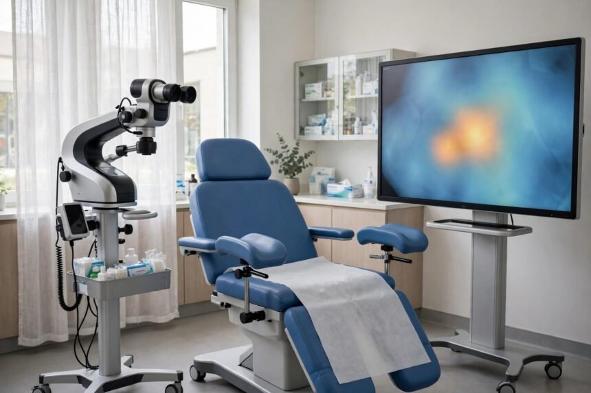 AI-generated illustration of an AI-assisted cervical cancer screening suite.