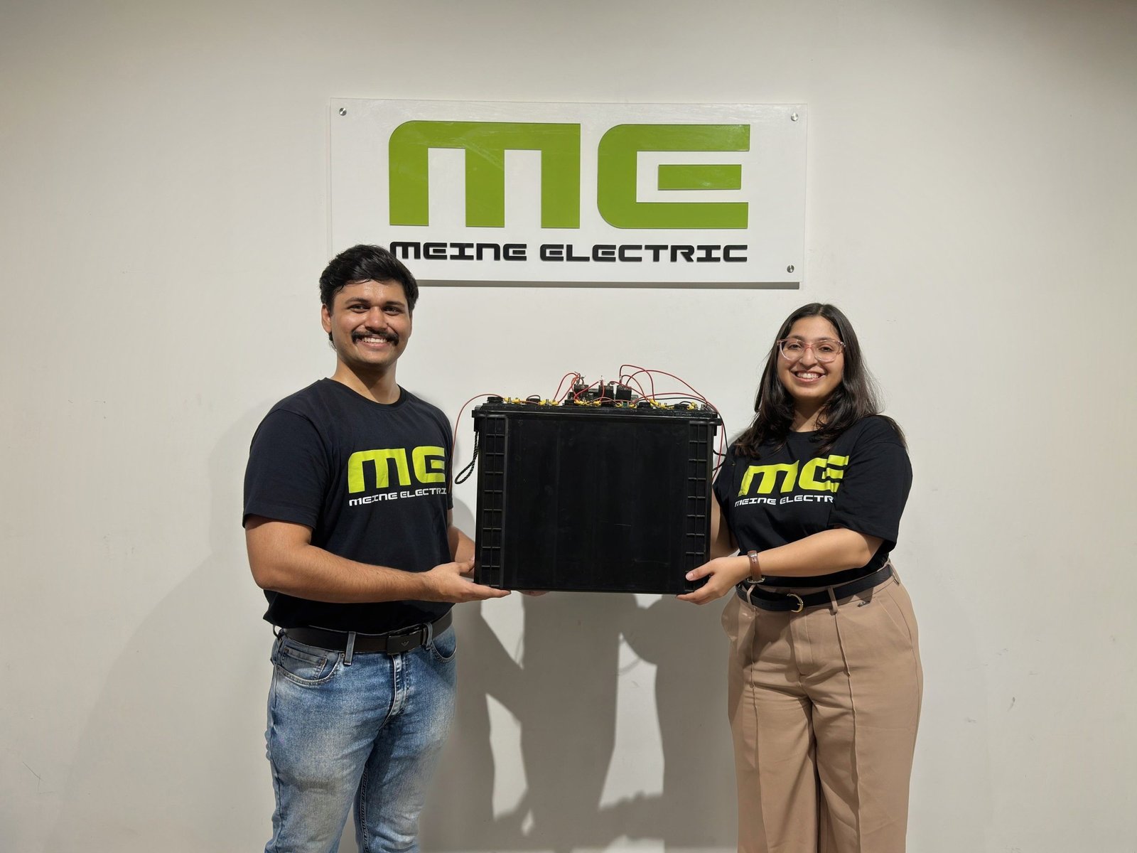 Meine Electric co-founders Priyansh Mohan and Stuti Kakkar with their iron-air battery module