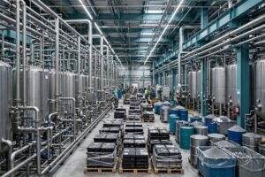 A modern lithium-ion battery recycling plant with refining tanks, battery packs and recovered materials