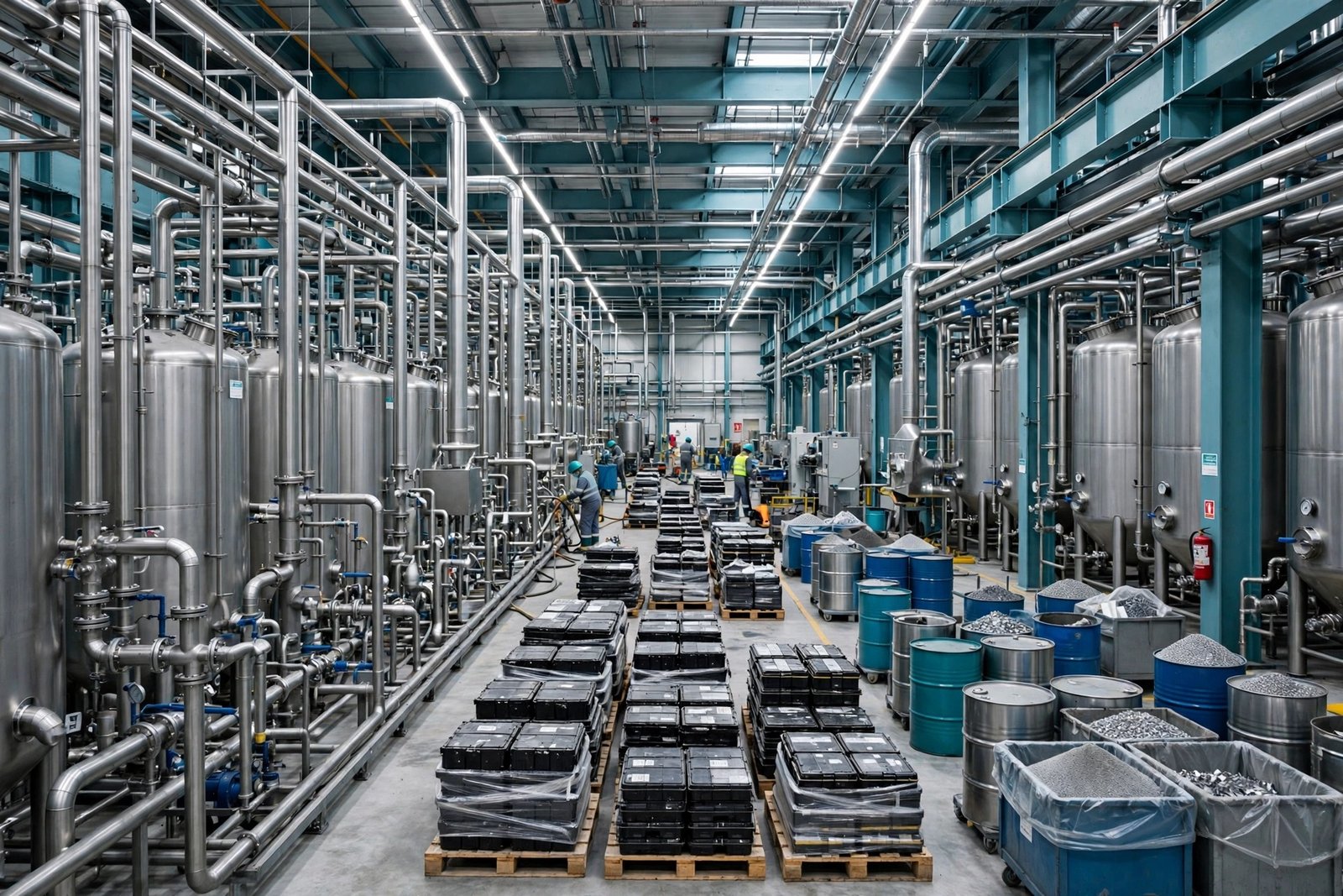 A modern lithium-ion battery recycling plant with refining tanks, battery packs and recovered materials