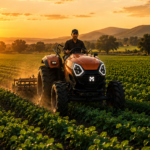 A Moonrider electric tractor working in an Indian field at sunset