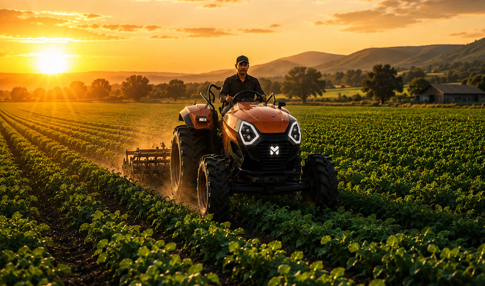 A Moonrider electric tractor working in an Indian field at sunset