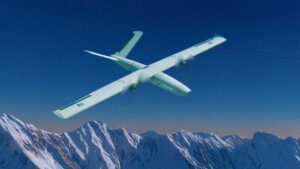 Solar Defence loitering munition UAV in flight over mountains - official Solar Group imagery
