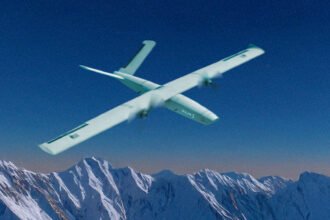 Solar Defence loitering munition UAV in flight over mountains - official Solar Group imagery