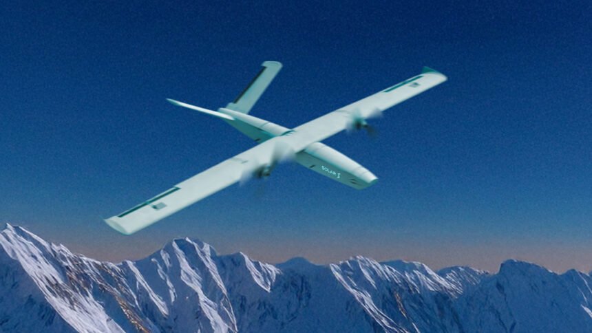 Solar Defence loitering munition UAV in flight over mountains - official Solar Group imagery