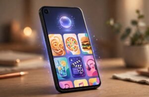 A smartphone running a personal on-device AI assistant with colourful recommendation cards
