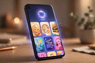 A smartphone running a personal on-device AI assistant with colourful recommendation cards