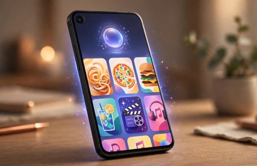 A smartphone running a personal on-device AI assistant with colourful recommendation cards