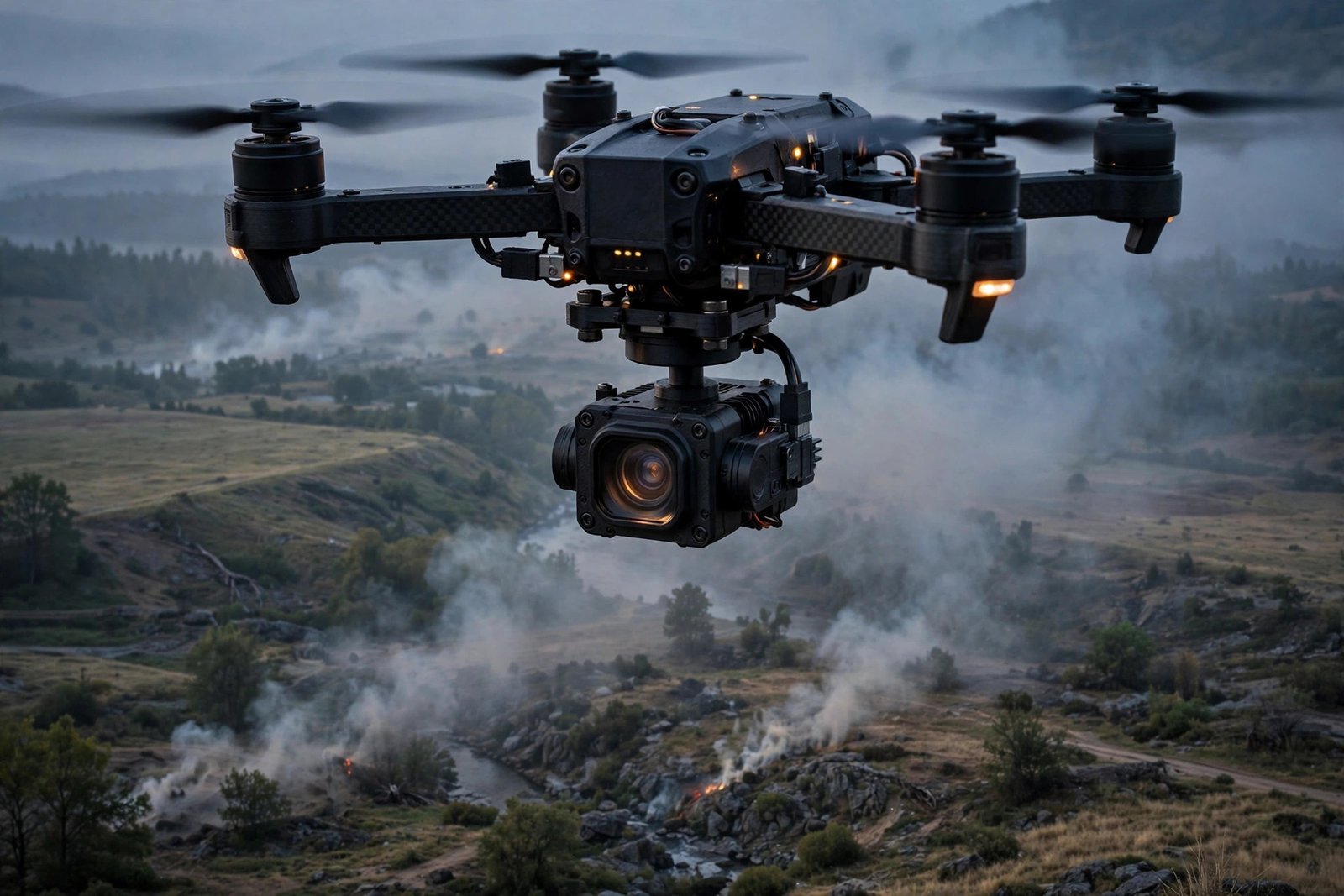 A drone-mounted infrared camera flying through haze