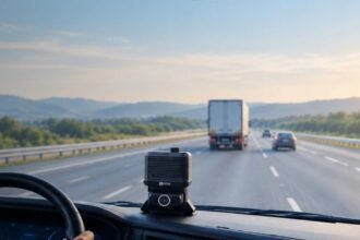 Novus Safe Pro AI dashcam mounted on a truck dashboard