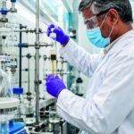 NuSynth process chemist running a column in the company fume hood