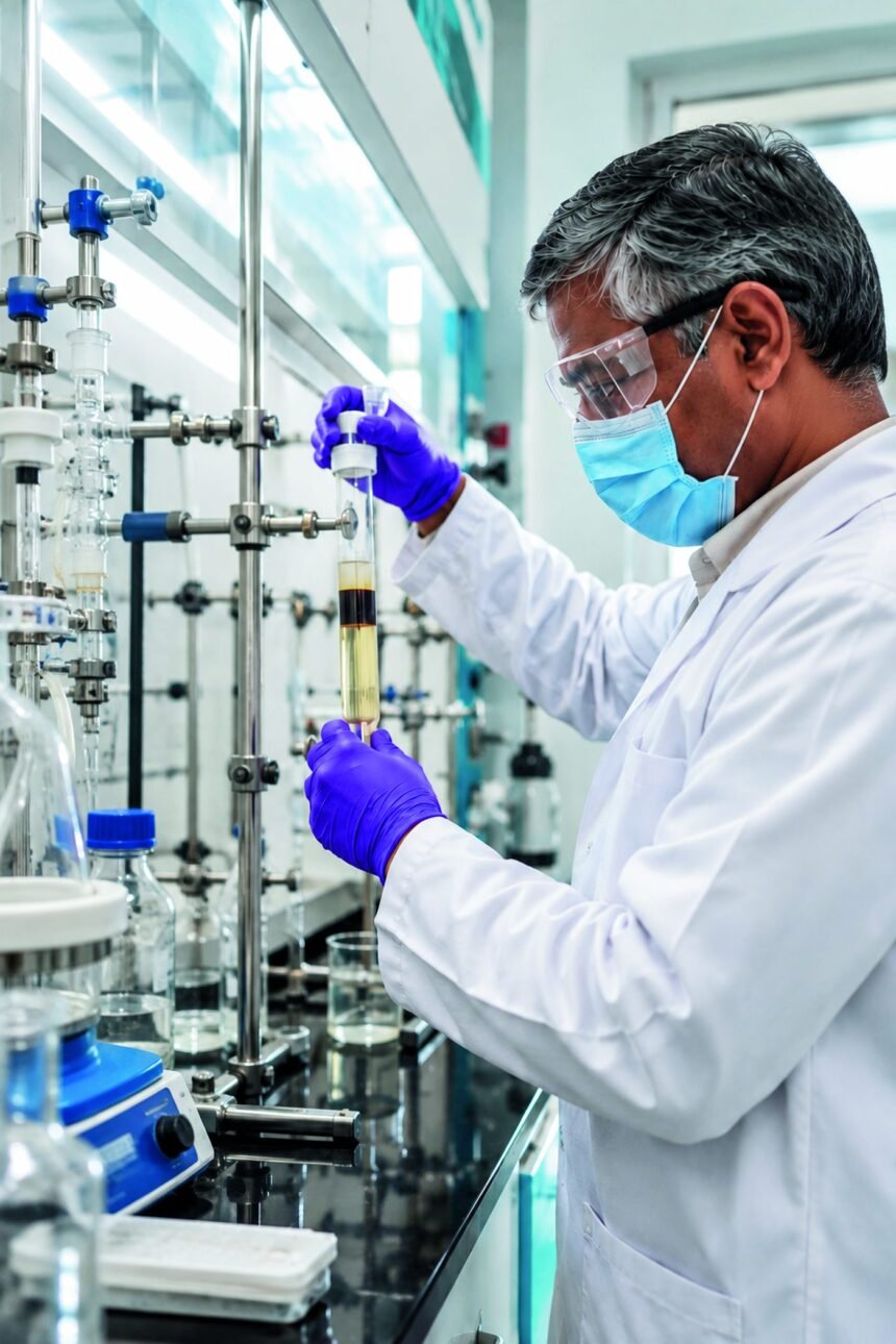 NuSynth process chemist running a column in the company fume hood