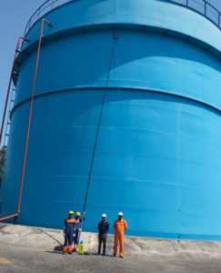 Octobotics ReachMaster telescopic inspection system on a blue storage tank
