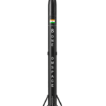 Official OmSpace render of the Infinity One reusable launch vehicle standing on its deployed landing legs
