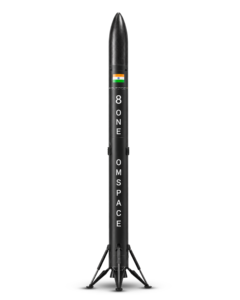 Official OmSpace render of the Infinity One reusable launch vehicle standing on its deployed landing legs