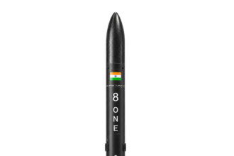 Official OmSpace render of the Infinity One reusable launch vehicle standing on its deployed landing legs