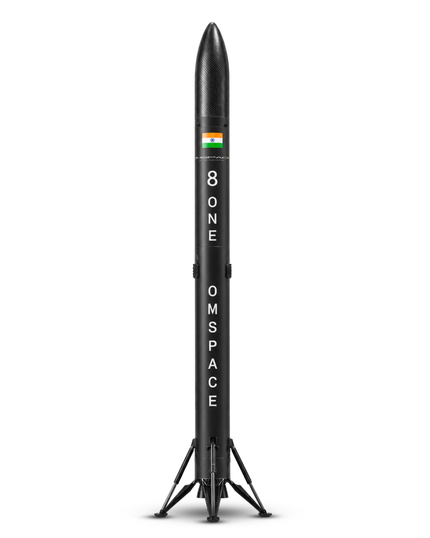 Official OmSpace render of the Infinity One reusable launch vehicle standing on its deployed landing legs