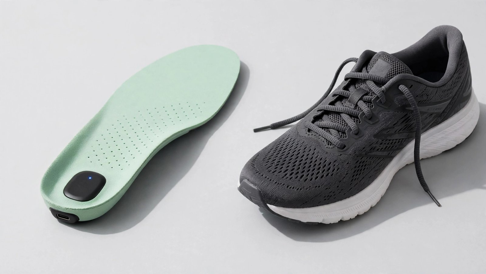 Illustration of Oreejoy INSTROLE smart insole beside a running shoe