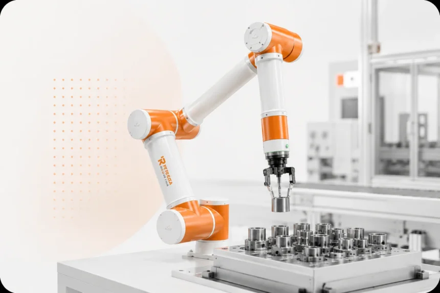 Integra Robotics P5-R900 collaborative robot arm handling metal components