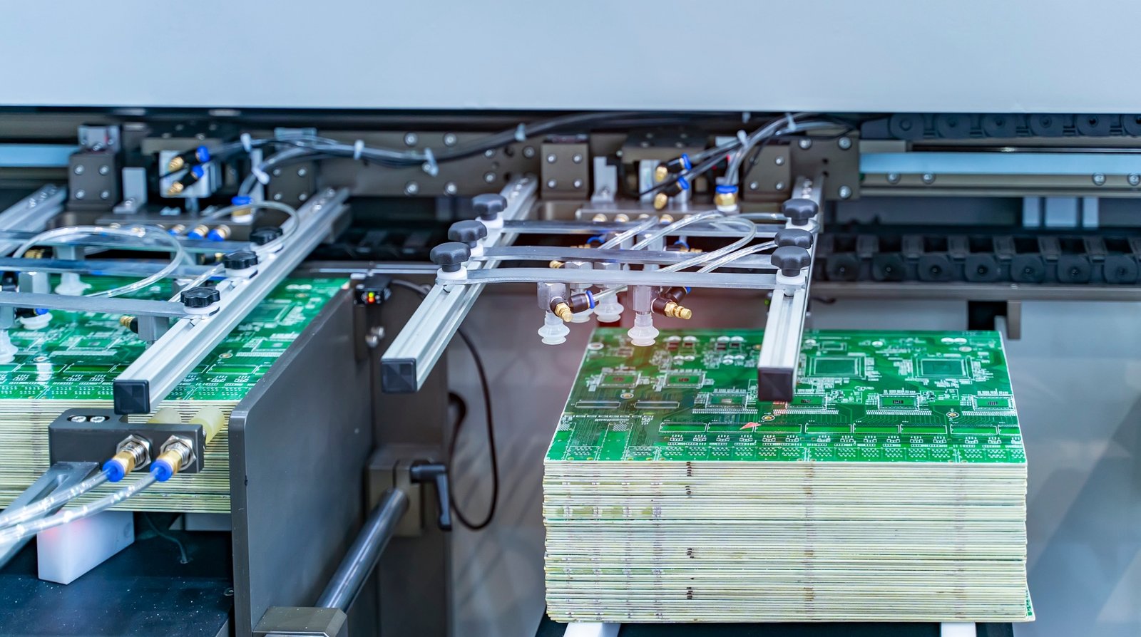 Stacked printed circuit boards on an automated electronics assembly line