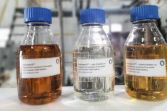 PolyCycl PolyGreenOil bottles refined from low-grade waste plastics