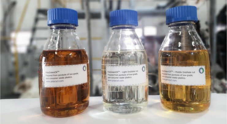 PolyCycl PolyGreenOil bottles refined from low-grade waste plastics