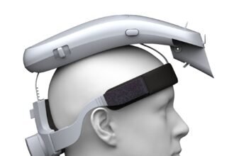 Vizbl surgical helmet in side profile on a mannequin head