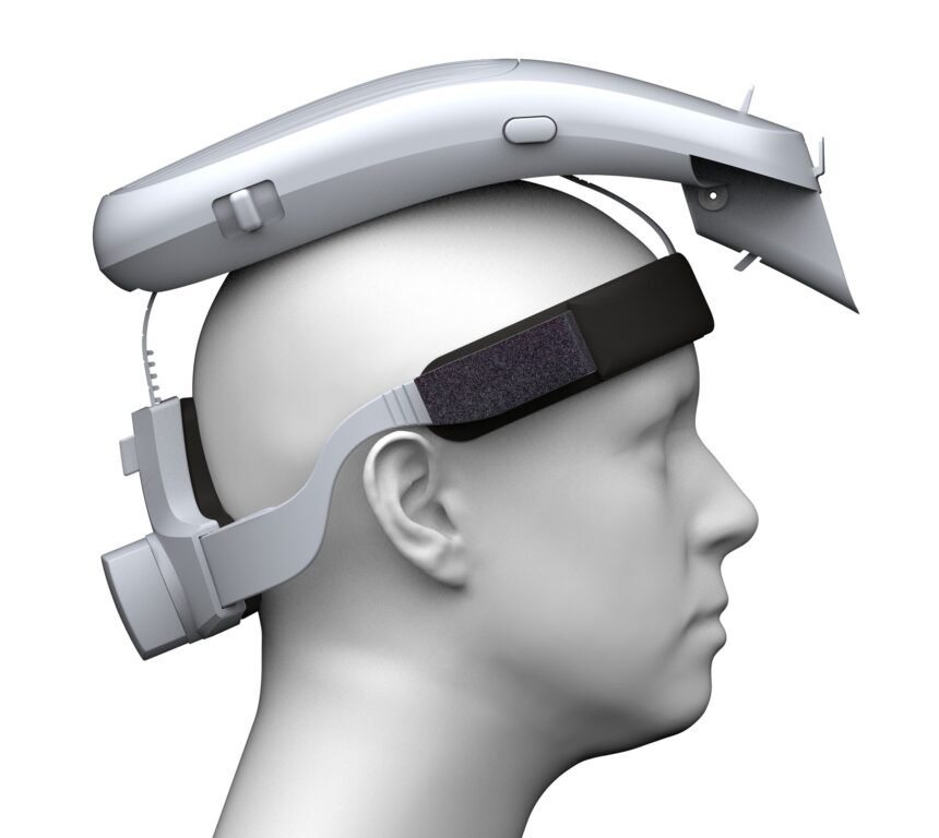 Vizbl surgical helmet in side profile on a mannequin head