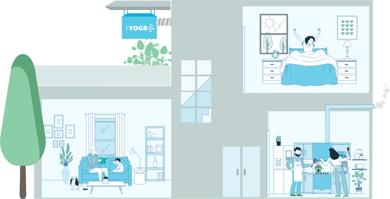 YOGa Clean Air Bubble unit mounted outside a home, serving bedroom, living room and kitchen