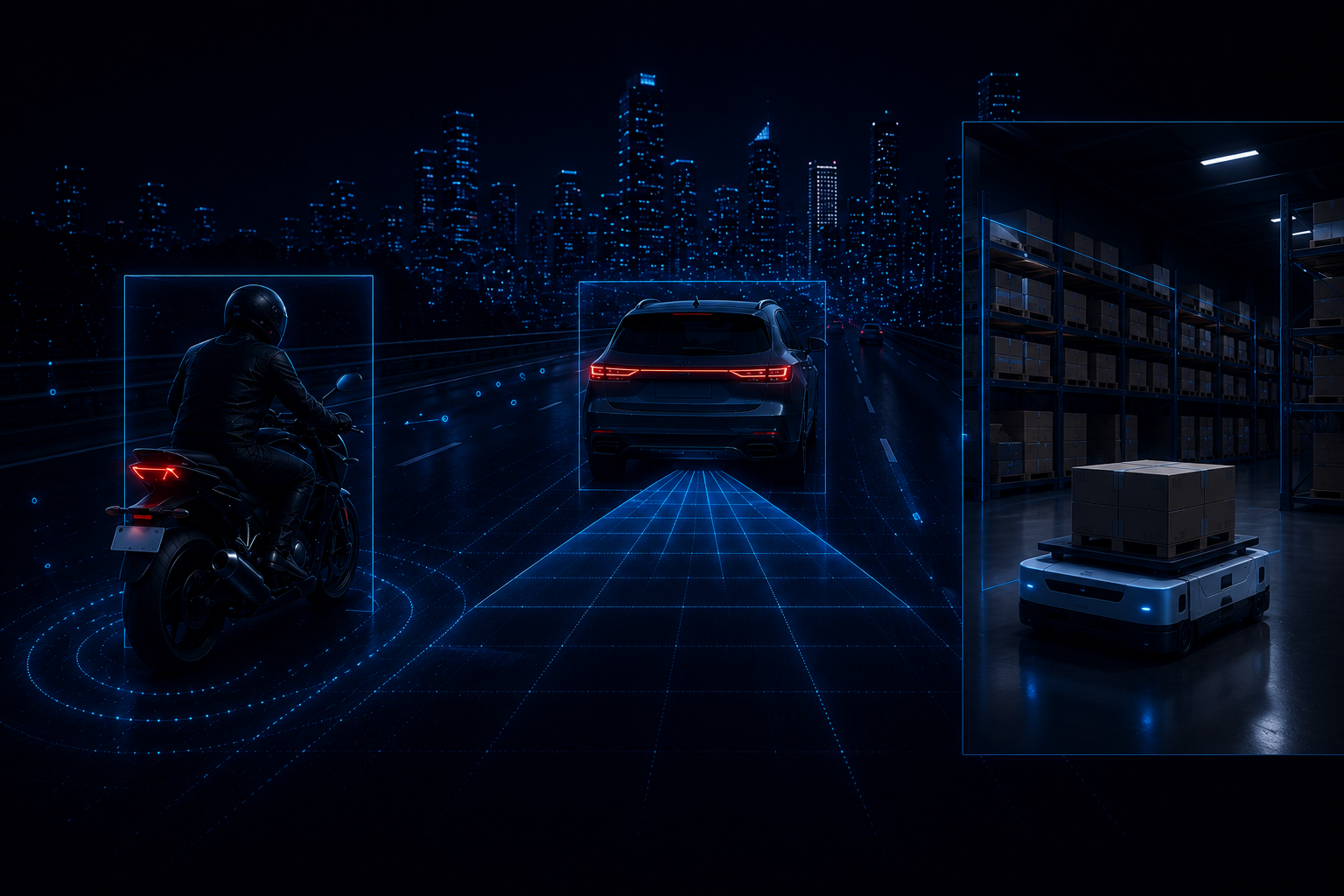 EdgeVerse Perceiva perception visual — rider assistance view of surrounding traffic