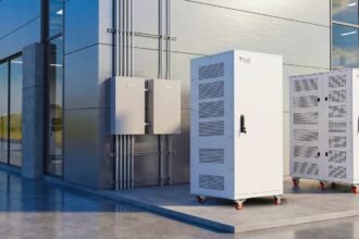 PURE Energy's PuREPower commercial storage cabinets outside an industrial building, as shown on the company's website.